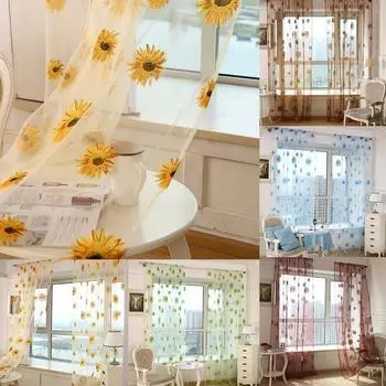 Оконная драпировка с растительным принтом Roon Decor Прочная прозрачная занавеска с подсолнечником для дома 100 x 200 cm жёлтый