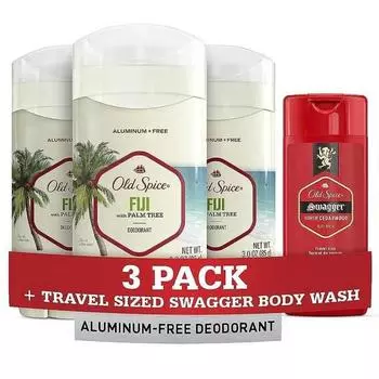 Old Spice мужской дезодорант без алюминия Фиджи с пальмовым деревом 85 г (Пакет из 3) Дорожный размер Swagger Body Wash, без алюминия Fiji с телом W, 3 шт.
