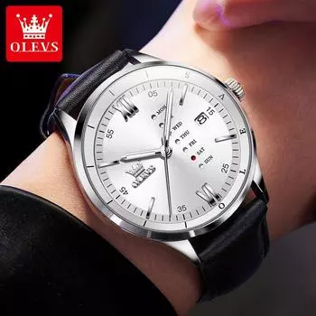 OLEVS 2931 кварцевые модные часы подарочный кожаный ремешок для часов круглый циферблат календарь серебряный/белый