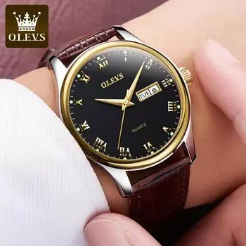 OLEVS 5568 с подарочной коробкой, двойной календарь, кожаный ремешок, мужские часы с ремнем, женские часы чёрный