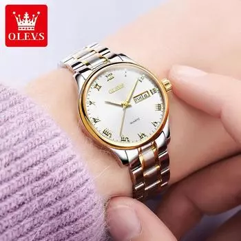OLEVS 5568 с подарочной коробкой, двойной календарь, стальной ремешок, женские часы с ремешком, женские часы