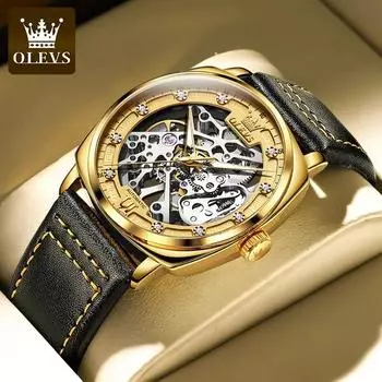 OLEVS 6651 Мужские часы с квадратным циферблатом и кожаным ремешком, деловые мужские наручные часы, оригинальные роскошные брендовые мужские наручные часы золотой
