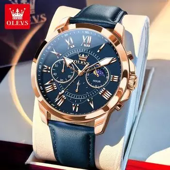 OLEVS Big Dial Roman Scale Quartz Watch For Men Waterproof Luminous Men s Hand Clock Moon Phase Original Fashion Man Watch синий/розового золота