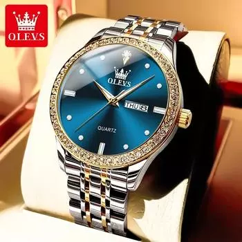 OLEVS Business Quartz Watch For Men Dual Calendar Top Brand Wristwatch Luxury Diamond Waterproof Luminous Man Dress Watches синий/золотой