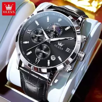 OLEVS Classic Watch for Men Chronograph Roman Scale Moon Phase Waterproof Man Watch Auto Date Original Wristwatches чёрный/белый