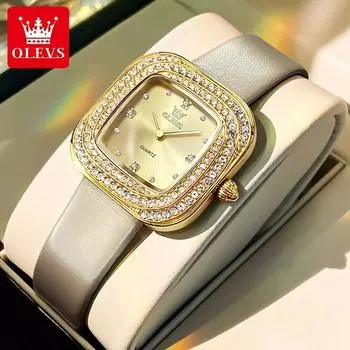 OLEVS Diamond Watch for Women Fashion Square Dial Leather Strap Waterproof Women s Dress Watches Original Quartz Wristwatch зелёный
