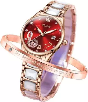 OLEVS Easy to Japanese Day Gift женские часы, стильные, читающие, с механизмом, популярные, симпатичные, с датой, светящиеся, водонепроницаемые, на День святого Валентина (Музыкальная нота красная-3605)