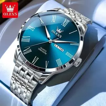 OLEVS Fashion Quartz Watch For Men Roman Scale Date Stainless Steel Men s Hand Clock Waterproof Luminous Original Man Watch серебряный/синий