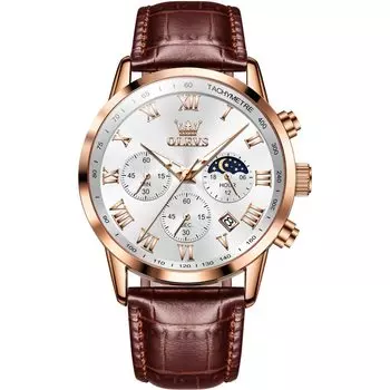 OLEVS Leather Arm Day of the White Мужские часы, Часы, Водонепроницаемые, Мужские часы, Аналоговые, Стильные, Простые, Кварцевые, Легкие, Коричневый, Джентльменские, Дата, коричневый