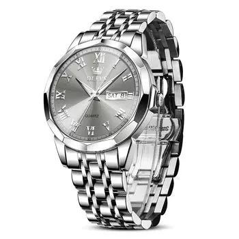 OLEVS Luminous Business Analog Silver Grey Популярные наручные часы из нержавеющей стали Cool Silver Men Легко читаемые наручные повседневные мужские часы, водонепроницаемые,
