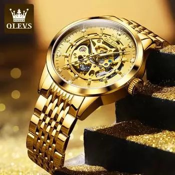 OLEVS Luxury Automatic Mechanical Watch Original Golden Skeleton Men s Watches Solid Stainless Steel Waterproof Luminous Watch золотой