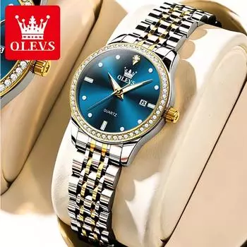 OLEVS Luxury Waterproof Quartz Watch For Women Date Diamond Stainless Steel Ladies Hand Clock Luminous Original Woman Watch золотой/синий
