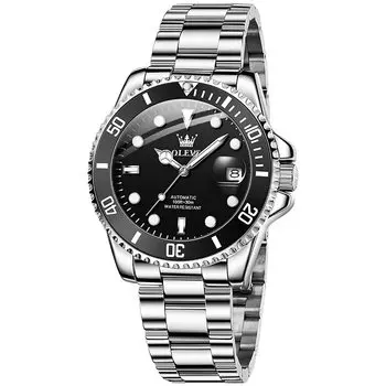 OLEVS Men s Mechanical Watch Automatic Manual Winding Arm Clock Waterproof Luminous Date Stainless Steel Present Watch for man Black