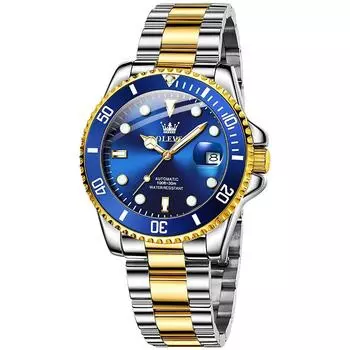 OLEVS Men s Mechanical Watch Automatic Manual Winding Arm Clock Waterproof Luminous Date Stainless Steel Present Watch for man Blue