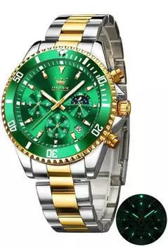 OLEVS Men s Popular Hand Watch Quartz Fashion Business Chronograph Stainless Steel watch for men Waterproof Date Men s Watch Gift (Golden Green)