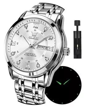 OLEVS Men s Silver Popular Quartz Calendar Waterproof watch for men Brand Stainless Steel Stylish [Parallel Import]