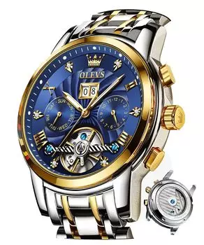 OLEVS Men s Stylish Automatic Waterproof Date Luminous Business Skeleton Arm Watch Popular Brand Blue Blue [Parallel Import]