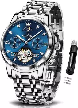 OLEVS Men s Watch Automatic Winding Mechanical Business Arm Clock Hollow Dial Openwork Waterproof Luminous Stainless Steel Band Present Men s Blue