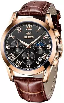 OLEVS Men s Watch Waterproof Arm Watch for Men Analog Quartz Date Day of the Week Brown Father s Day Gift Gentleman (Brown-Black)