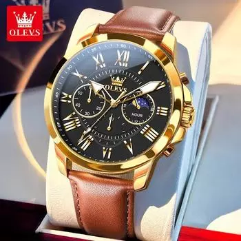 OLEVS Men s Watches Leather Strap Roman Numeral 45.5mm Big Dial Multifunction Quartz Watch for Men Chronograph Moon Phase Watch синий/розового золота