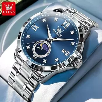 OLEVS Mens Watch Business Original Quartz Watch Large Dial Waterproof Luminous Automatic Date Moon Phase Watches For Man белый