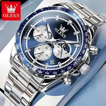 OLEVS Moon Phase кварцевые часы для мужчин 24-часовой дисплей водонепроницаемые наручные часы из нержавеющей стали светящиеся часы-хронограф чёрный