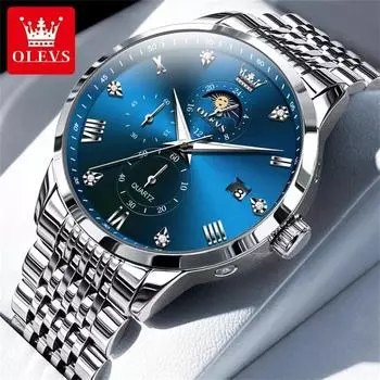 OLEVS Moon Phase Quartz Watch Men Date Roman Scale Waterproof Hand Clock Luminous Luxury Business Man Watches серебряный/синий