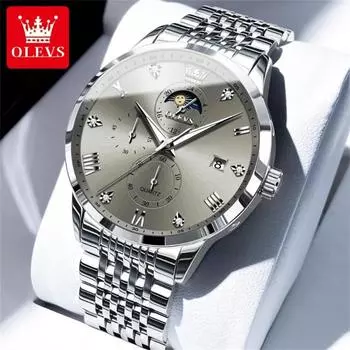 OLEVS Мужские часы, деловые, модные, оригинальные, кварцевые, простые, серые, с циферблатом, фазами Луны, автодатой, хронографом, водонепроницаемые, наручные часы серебряный/белый
