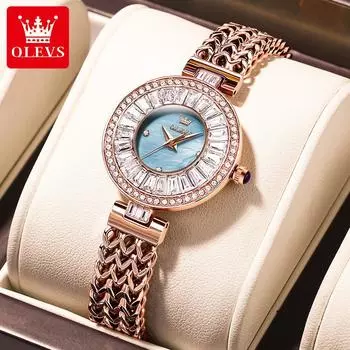 OLEVS Original Elegant Quartz Woman Watch Top Brand Waterproof Watch For Women Stainless Steel Luxury Diamond Clock розовый