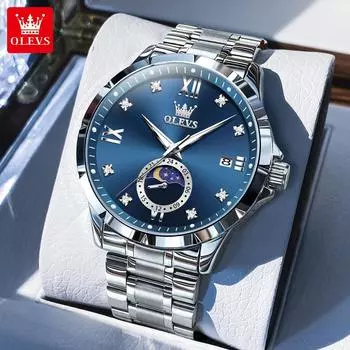 OLEVS Original Quartz Watch Moon Phase Man Watch Solid Stainless Steel Calendar Waterproof Watch 45mm Dial Men s Wristwatch белый