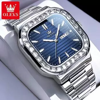 OLEVS Quartz Watch for Men Luxury Diamond Square Dial Dual Calendar Display Textured Bracelet Original Men s Wristwatches синий/серебряный