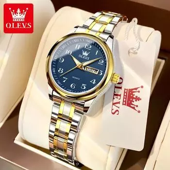 OLEVS Quartz Watch for Women Luxury Waterproof Luminous Stainless Steel Watches Big Numeral Dual Calendar Ladies Wristwatch чёрный/золотой