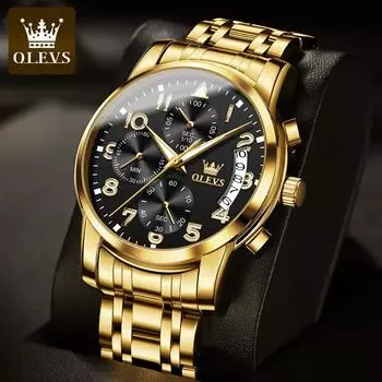 OLEVS роскошные мужские часы оригинальные золотые наручные часы с хронографом водонепроницаемые кварцевые часы из нержавеющей стали с подсветкой чёрный