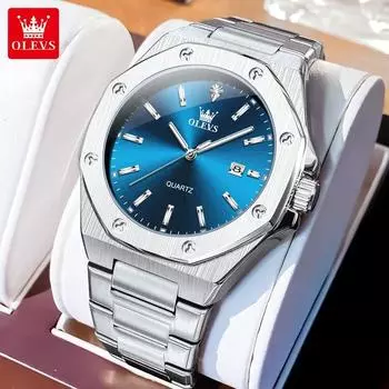 OLEVS Simple Fashion Quartz Watch For Men Original Waterproof Luminous Wristwatch Date Display Top Brand Business Man Watch синий/серебряный