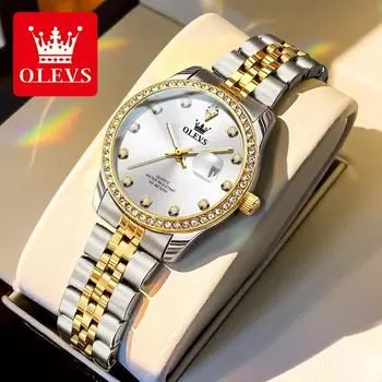OLEVS Simple Luxury Quartz Watch For Women Diamond Waterproof Luminous Hand Clock Date Fashion Dress Watches золотой