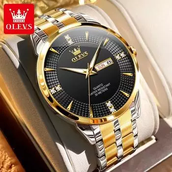OLEVS Watch for Men Chronograph Gold Case Analog Quartz Fashion Business Dress Men Watch Day Date Luminous Waterproof Casual Male Wrist Watch чёрный