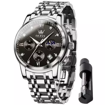 OLEVS Watch for Men Quartz Moon Phase Timer Stainless Steel Simple Fashion Waterproof Luminous Date Watch for men (Black)