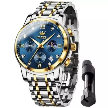 OLEVS Watch for Men Quartz Moon Phase Timer Stainless Steel Simple Fashion Waterproof Luminous Date Watch for men Blue