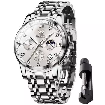 OLEVS Watch for Men Quartz Moon Phase Timer Stainless Steel Simple Fashion Waterproof Luminous Date Watch for men White