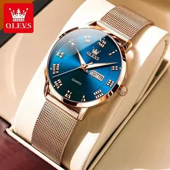 OLEVS Waterproof Quartz Watch For Women Dual Calendar Milanese Steel Strap Ladies Hand Clock Luxury Original Dress Watches синий
