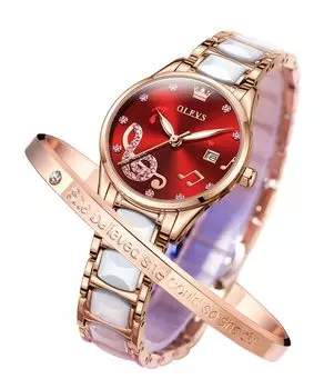OLEVS Women s Watch Japanese Movement Popular Ceramic Waterproof Luminous Pink Gold Rose Gold Easy to Read Date Bracelet Included Red/Red
