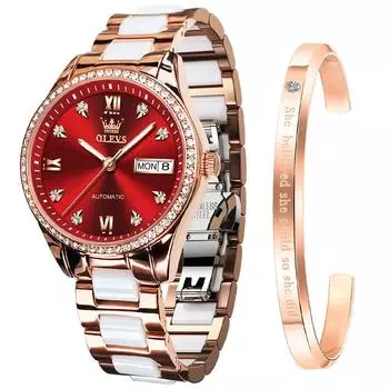 OLEVS Women s Watch Popular Mechanical Arm Watch Women s Stylish Date Cute Bracelet Present Ceramic Red