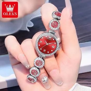 OLEVS Женские часы оригинальные кварцевые часы из нержавеющей стали водонепроницаемые часы роскошный красный браслет благословение элегантное женское платье ярко-розовый/красный