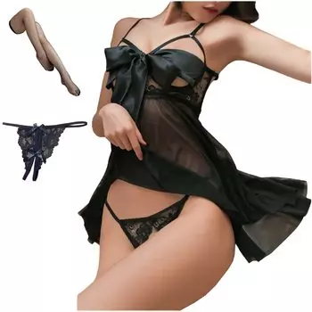 OLYOLY of Open Bust Babydoll Perforated Shorts Sexy Lingerie Bikini Extreme Office Lady Cosplay Underwear Swimsuit Knee High Included [Set 4] T-back
