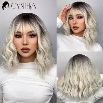 Ombre Blonde Короткий Боб Синтетический парик для женщин с челкой Белое золото Объемная волна Косплей Лолита Натуральные термостойкие волосы TB060-1