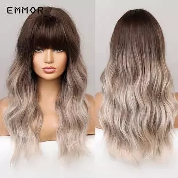 Ombre Коричневый Светло-Серый Пепельный Парик с Челкой для Женщин Длинные Волнистые Жаропрочные Синтетические Парики Волос
