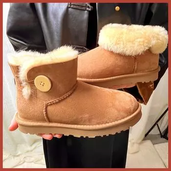 One button low cut, two in one genuine leather, real wool, sheep fur, and one fashionable warm chestnut thick snow boots 35 малиновый