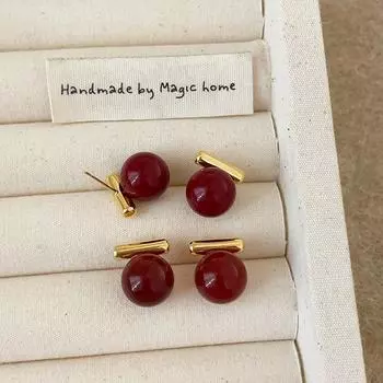 One Word Metal Red Agate Pearl Stud Earrings Women S Simple Unique Personality Fashion Commuter Versatile Earrings