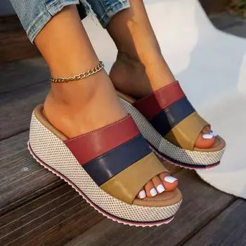 One-word sandals women s summer 2025 new outer wear fashion and high-end sense color matching thick-soled wedge heel large-size slippers women 36