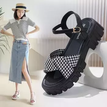 One word with plaid sandals girl 2025 summer new cross flat fairy style retro bow Roman shoes girl 35
